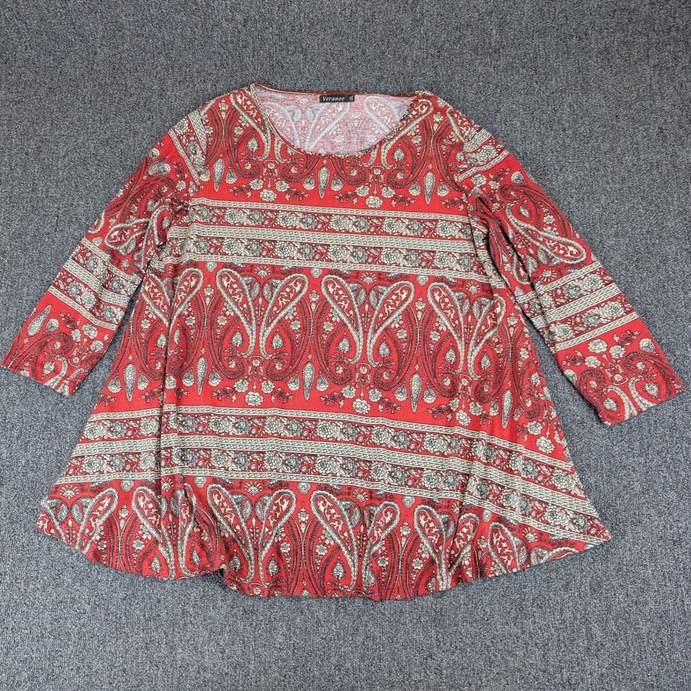 Veranee Boho Paisley Tunic Top Women 2XL Red 3/4 Sleeve Flowy Flare Blouse